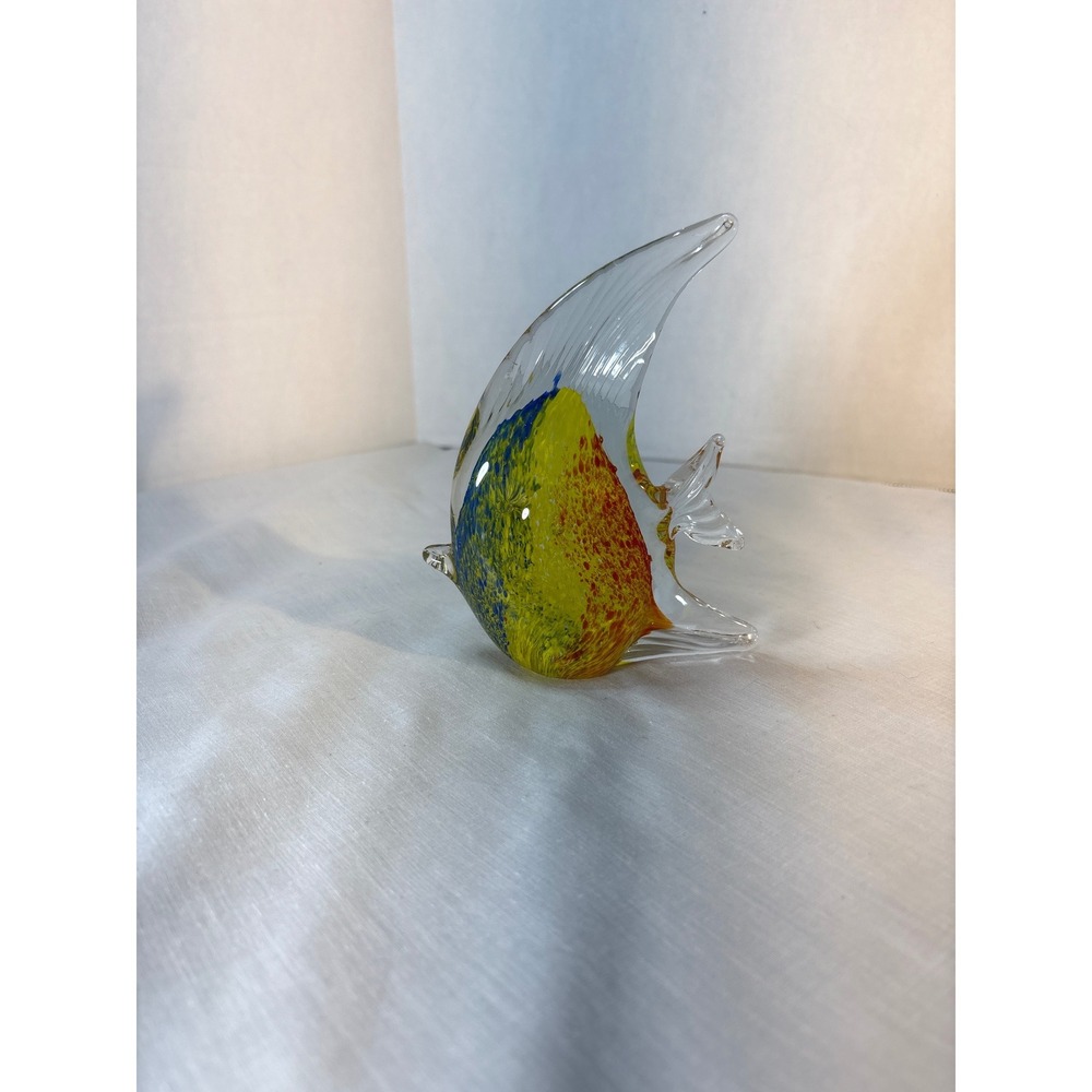 Vibrant Blown Glass Angelfish Figurine Yellow Blue Red Swirl Art Decor